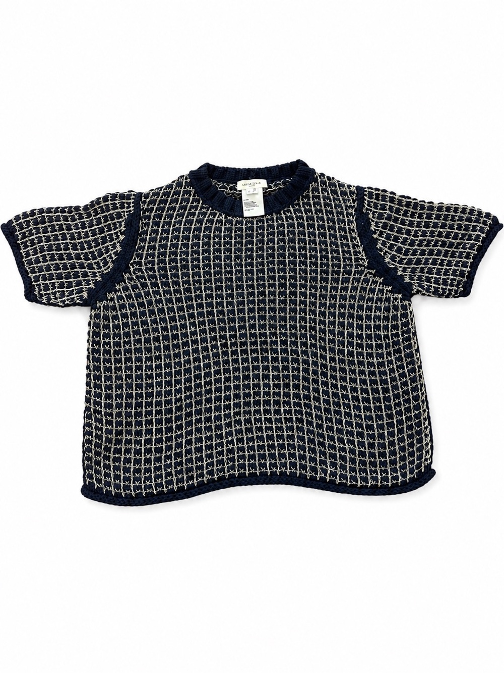 Lafayette 148 Women's Medium Crochet Trimmed Textured Stitch Texture Navy/White